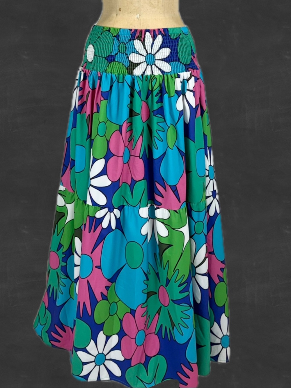 Flower power long maxi skirt elastic smocked waist bold multicolor tiered ruffle